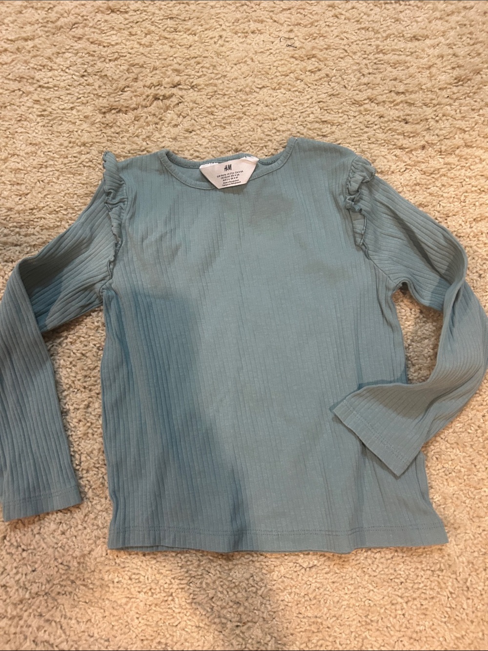 H&M Dusty Blue Ribbed Long-Sleeve Top with Ruffle Shoulders